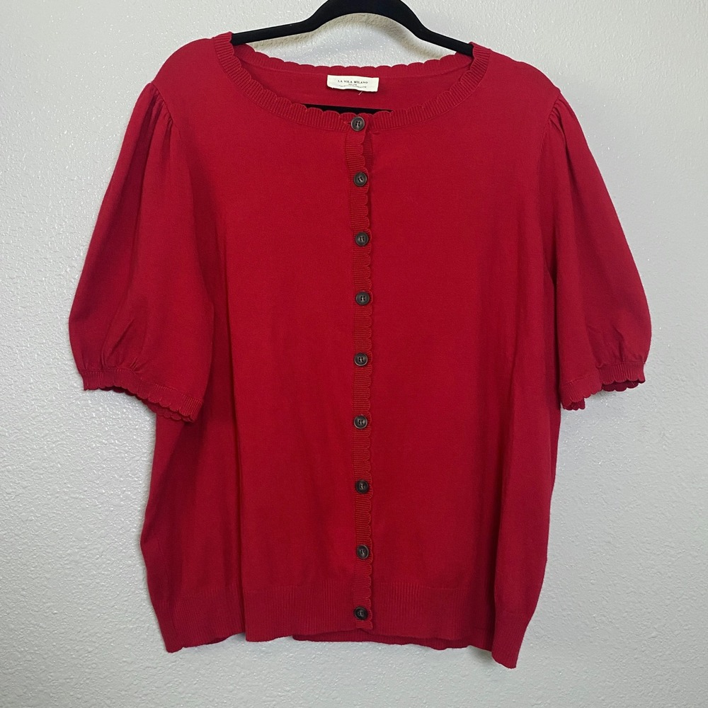 La Vila Milano Red Short Sleeve Cardigan 2X Preppy Scalloped Hem Academic Casual